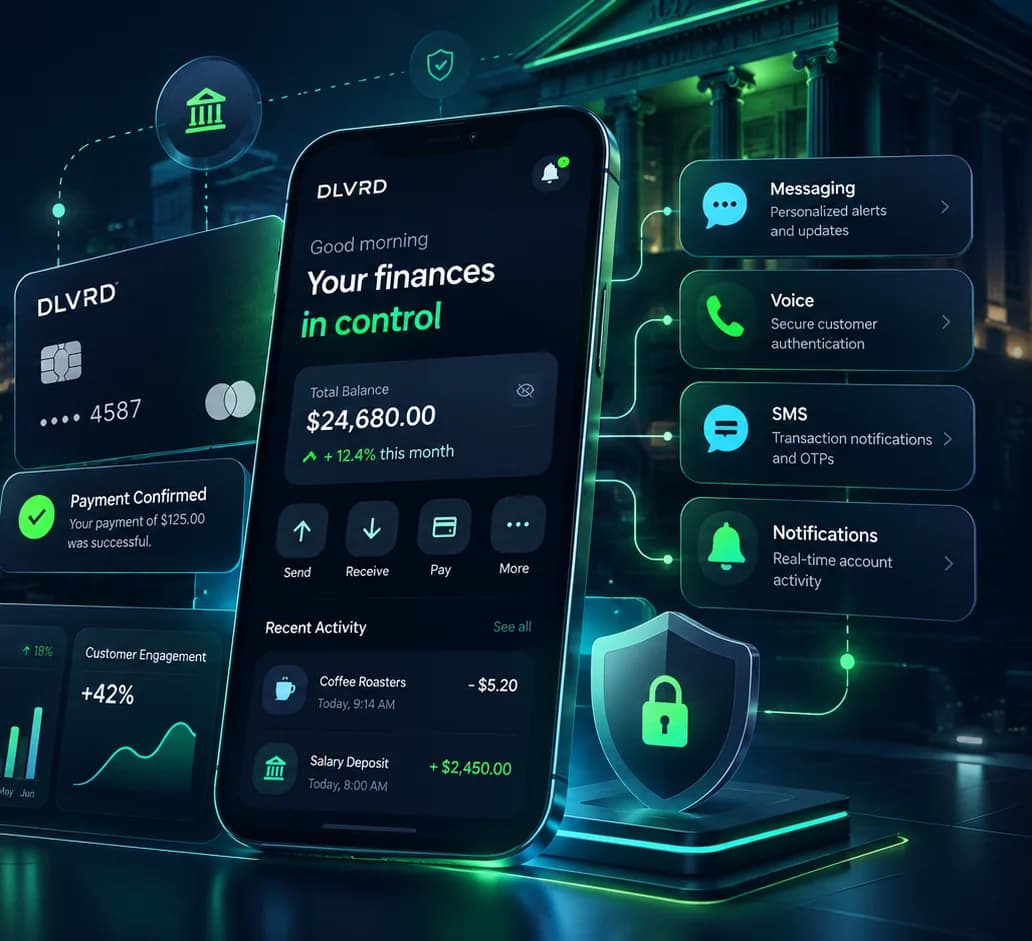 A banking app with balance, payment confirmation and recent activity, linked to messaging, voice, SMS and notifications